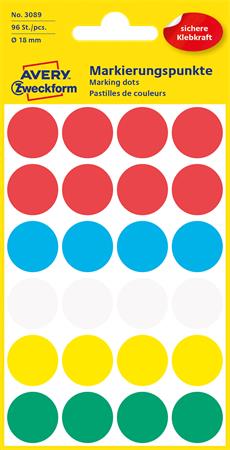 Etikett, 18 mm, kör, AVERY ZWECKFORM, 5 különböző szín, 96 etikett/csomag